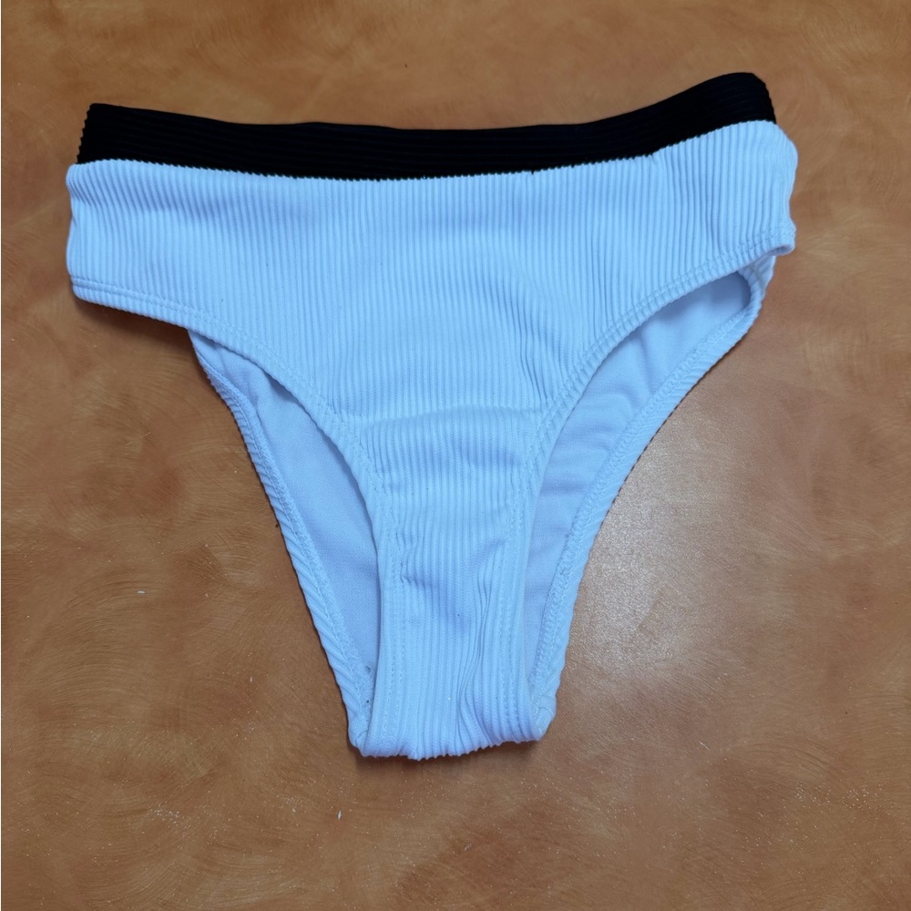 Swimsuit Ribbed White Bikini Bottom with Black Waistband